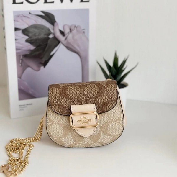 Coach Morgan Card Case On Chain In Signature Canvas InLight Khakhi CK439 With OG Box & DustBag