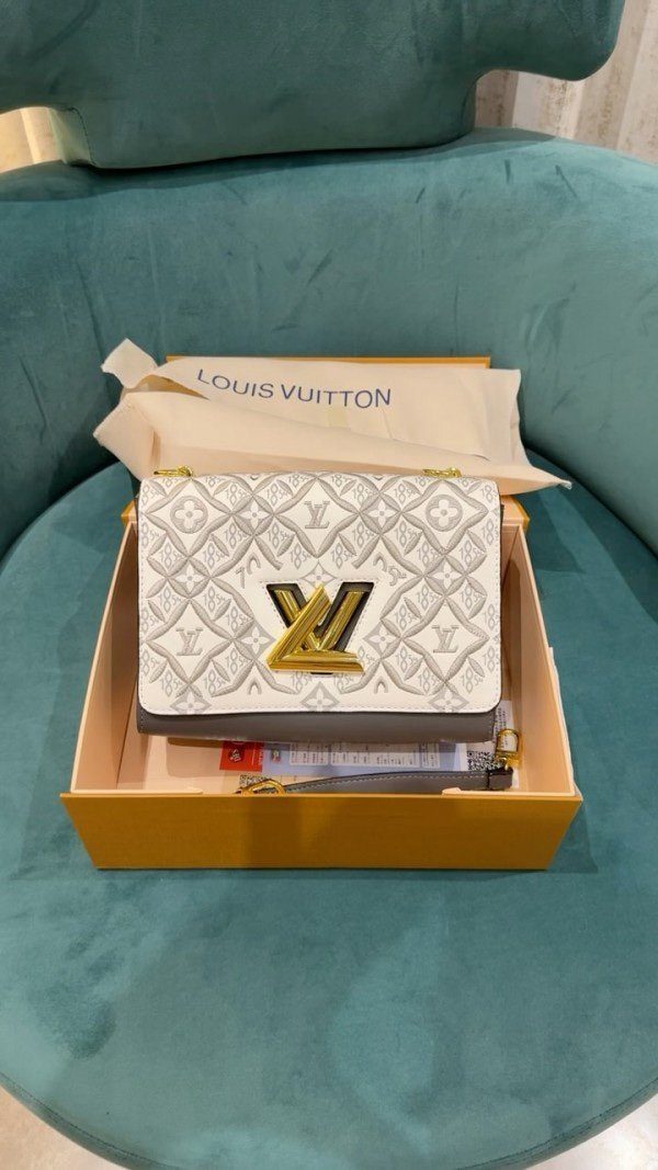 Louis Vuitton Embroidered Twist Logo Premium Double Box Bag With Shoulder Strap (45962-White_Grey)(LB)