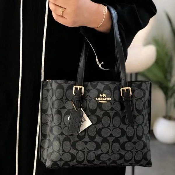 Coach Mollie Leather Tote Bag With Dust Bag & Shoulder Strap (C23021_Black_Black)(LB)