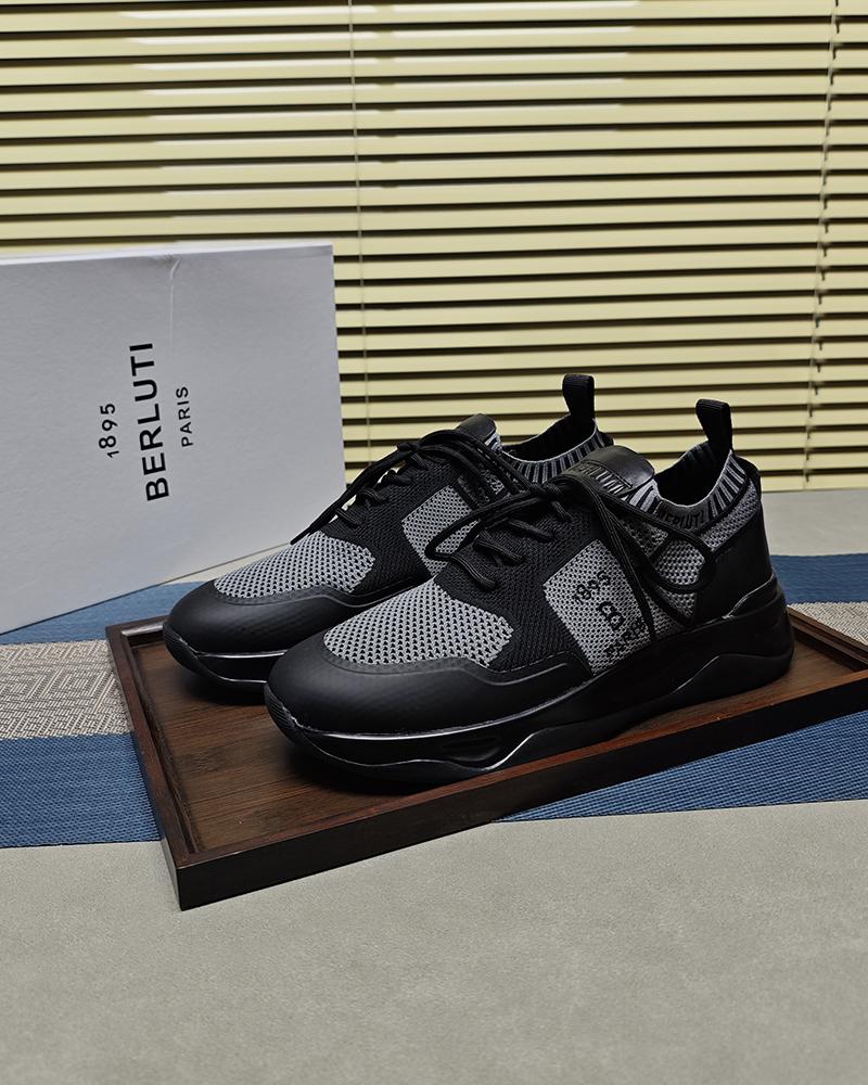 BERLUTI GREY SHADOW COATED KNIT AND CLAF LEATHER SNEAKER