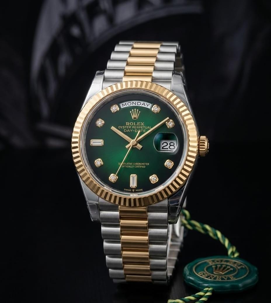 Role_x Oyster Perpetual Day Date Diamond 2tTon-Gold-Green 40 Battery